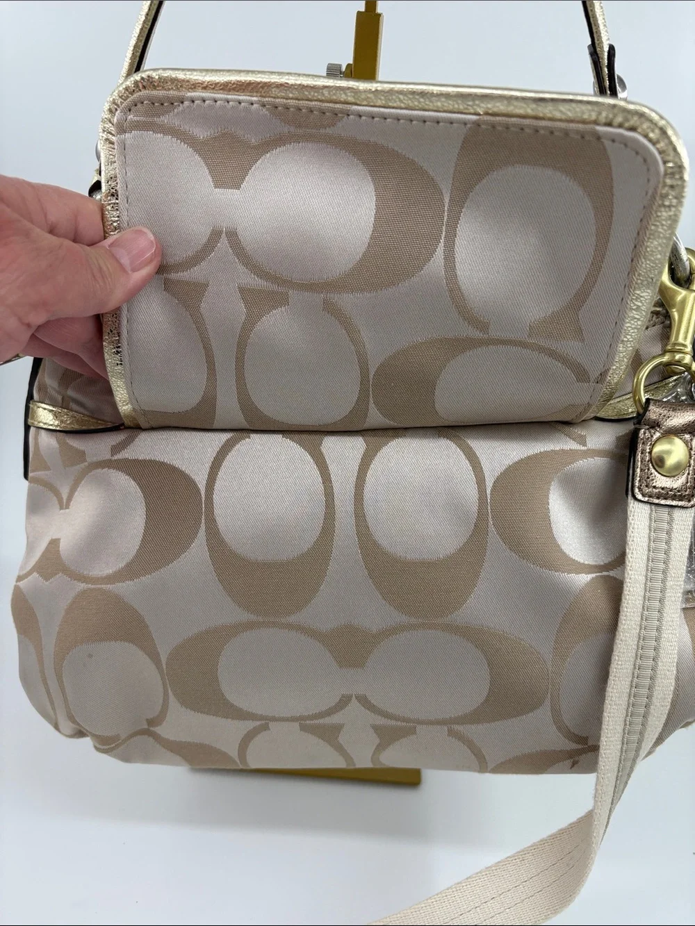 Coach Poppy Beige Signature Canvas Shoulder Bag with Gold Accents